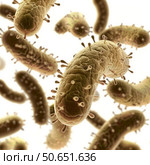 Microscopic view of rod shaped bacteria floating in white background. Стоковое AI-изображение, AI-художник Иван Рябоконь / Фотобанк Лори