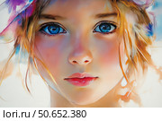 Portrait of a girl, done in watercolor technique with light, translucent brushstrokes. Her large blue eyes reflect the light, creating a sense of depth and mystery. The face is illuminated by soft sun glare, emphasizing the tenderness of the skin and natural blush. Light strands of hair are slightly disheveled, which gives the image a naturalness and lightness. The background is abstract, done in shades of blue, purple, gold and pink, which creates a harmonious combination with the facial features. The painting conveys a sense of dreaminess, freshness and youth. Стоковое AI-изображение, AI-художник Анна Кривицкая / Фотобанк Лори