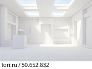 White modern minimalist empty art gallery interior with skylights illuminating walls. Стоковое AI-изображение, AI-художник Иван Рябоконь / Фотобанк Лори