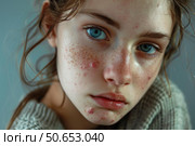 Young woman with freckles and acne showing her real skin. Стоковое AI-изображение, AI-художник Иван Рябоконь / Фотобанк Лори