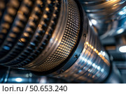Industrial air duct showing honeycomb filter grid and metal casing. Стоковое AI-изображение, AI-художник Иван Рябоконь / Фотобанк Лори