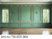 Classic interior design featuring green walls, parquet floor, and elegant wall sconces. Стоковое AI-изображение, AI-художник Иван Рябоконь / Фотобанк Лори
