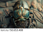 Metallic green scarab beetle posing on a branch with other beetles in background. Стоковое AI-изображение, AI-художник Иван Рябоконь / Фотобанк Лори