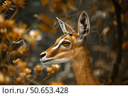 Young impala gazelle standing alert in african landscape. Стоковое AI-изображение, AI-художник Иван Рябоконь / Фотобанк Лори