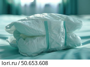 Close up of adult diaper showing absorbent layers on changing mat. Стоковое AI-изображение, AI-художник Иван Рябоконь / Фотобанк Лори