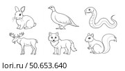 Set of six line art illustrations depicting various wild animals including rabbit, grouse, snake, moose, fox and squirrel. Children's coloring page. Стоковое AI-изображение, AI-художник Коханова Наталья / Фотобанк Лори