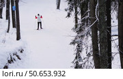 Skiers skiing in the park. Стоковое видео, видеограф Igor Skripachev / Фотобанк Лори