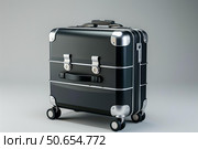 Elegant black suitcase standing on wheels on grey background. Стоковое AI-изображение, AI-художник Иван Рябоконь / Фотобанк Лори