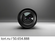 Camera lens showing glass and diaphragm blades on grey background. Стоковое AI-изображение, AI-художник Иван Рябоконь / Фотобанк Лори