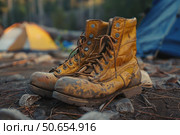 Worn hiking boots resting near camping tents. Стоковое AI-изображение, AI-художник Иван Рябоконь / Фотобанк Лори