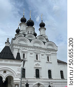 Собор в русском православном стиле с черными куполами на фоне облачного неба. Стоковое фото, фотограф Сергей Куценко / Фотобанк Лори