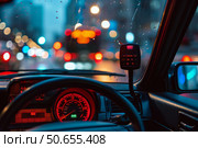 Taxi driver driving at night in the city with illuminated dashboard and cb radio. Стоковое AI-изображение, AI-художник Иван Рябоконь / Фотобанк Лори