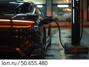 Black electric car charging at station at night. Стоковое AI-изображение, AI-художник Иван Рябоконь / Фотобанк Лори