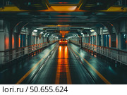 Car entering ferry boat garage at night with dramatic lighting. Стоковое AI-изображение, AI-художник Иван Рябоконь / Фотобанк Лори