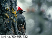 Majestic black woodpecker perched on a tree in the rain. Стоковое AI-изображение, AI-художник Иван Рябоконь / Фотобанк Лори