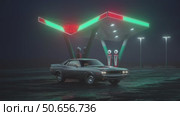 Neon gas station and retro car. Cyberpunk fog rain and night. Colour reflections on asphalt. Dodge challenger. 3d illustration. 4K video. Стоковая анимация, аниматор Николай Евсюков / Фотобанк Лори