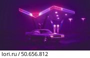 Neon gas station and retro car. Cyberpunk fog rain and night. Colour reflections on asphalt. Dodge challenger. 3d illustration. 4K video. Стоковая анимация, аниматор Николай Евсюков / Фотобанк Лори