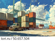 Semi truck carrying cargo containers at a busy port on a sunny day. Стоковое AI-изображение, AI-художник Иван Рябоконь / Фотобанк Лори