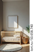 Minimalist baby nursery with natural wooden crib, large window, and neutral decor. Bright and serene interior with soft sunlight and a green potted plant. Neutral tones in the interior. Стоковое AI-видео, аниматор Sergey Grishin / Фотобанк Лори