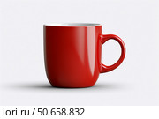 Shiny red mug standing on white background. Стоковое AI-изображение, AI-художник Иван Рябоконь / Фотобанк Лори