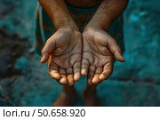 Child showing empty hands, poverty and hunger concept. Стоковое AI-изображение, AI-художник Иван Рябоконь / Фотобанк Лори