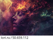 Woman dreaming with universe and nebula clouds emerging from head. Стоковое AI-изображение, AI-художник Иван Рябоконь / Фотобанк Лори