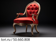 Elegant red velvet and gilded wood armchair on dark background. Стоковое AI-изображение, AI-художник Иван Рябоконь / Фотобанк Лори