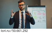 Male business coach speaker in suit give flipchart presentation. Стоковое AI-видео, аниматор Sergey Grishin / Фотобанк Лори