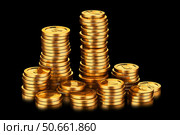 Stacks of shiny golden coins on black background. Стоковое AI-изображение, AI-художник Иван Рябоконь / Фотобанк Лори