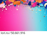 Colorful confetti scattering on vibrant gradient background. Стоковое AI-изображение, AI-художник Иван Рябоконь / Фотобанк Лори