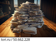Stack of papers covering wooden table in office representing administrative overload. Стоковое AI-изображение, AI-художник Иван Рябоконь / Фотобанк Лори