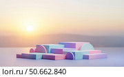 Geometric podium for product presentation, empty pastel stage with multiple levels on sunset background for cosmetic display. Стоковое AI-изображение, AI-художник Павел Муравьев / Фотобанк Лори