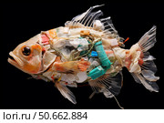 Fish made of plastic trash illustrating ocean pollution problem. Стоковое AI-изображение, AI-художник Иван Рябоконь / Фотобанк Лори