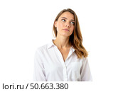 Young woman with brown hair wearing white shirt looking up with bored expression, rolling eyes, isolated on white background, annoyed face, frustrated, casual clothing. Стоковое AI-изображение, AI-художник Павел Муравьев / Фотобанк Лори