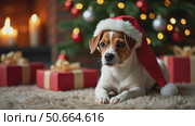 A Small Dog in a Santa Hat Lies on a Soft Rug, Looking Directly at the Camera. Стоковое AI-видео, аниматор Sergey Grishin / Фотобанк Лори