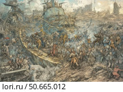 An epic illustration in the style of post-apocalyptic fantasy. In the foreground are hundreds of figures - men and women in various fantasy clothes, with and without weapons, in the process of fighting, running and surviving. In the center is a destroyed transport or ship, symbolizing the collapse of civilization. The background is filled with ruins, fragments of buildings and mysterious silhouettes of distant cities. The color scheme is dusty ochre with blue accents. The image is dynamic, rich in detail, suitable for the themes of crisis, apocalypse, struggle, crowd, fantasy world and historical drama. Стоковое AI-изображение, AI-художник Анна Кривицкая / Фотобанк Лори