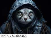 Portrait of an anthropomorphic cat in a hooded jacket and scarf. The animal has expressive eyes and realistic fur, and its clothes are stylized to match modern winter fashion. The background is dark, which emphasizes the drama and detail of the image. Ideal for use in fantasy-themed projects, street fashion, as well as in art design and advertising. Стоковое AI-изображение, AI-художник Анна Кривицкая / Фотобанк Лори