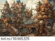 A detailed steampunk watercolor illustration depicting a fantasy city with multi-level buildings, pipes, bridges and mechanisms. The architecture is combined with Victorian and industrial elements: round windows, metal structures, domes, water pipes and steam pipes. The atmosphere is lively, small figures walk along the streets, creating a feeling of life in an unusual technological world. The work is ideal for themes of fantasy, retrofuturism, architectural concept and game design. Стоковое AI-изображение, AI-художник Анна Кривицкая / Фотобанк Лори
