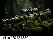 A futuristic image of a sniper rifle mounted on a bipod in a dense mossy forest. The weapon is made in camouflage green tones with a high-precision optical sight and tactical accessories. The detailing of the metal and plastic elements emphasizes the technological and modern design. The atmosphere of the image is mysterious and tense, ideal for themes related to military equipment, tactics and weapons technology. Стоковое AI-изображение, AI-художник Анна Кривицкая / Фотобанк Лори