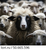 A contrasting image of a black and white sheep in the center of a flock of white sheep. The central sheep with an expressive face and thick curly wool stands out from the homogeneous mass, creating a visual accent on individuality and dissimilarity. The photo is made in a realistic style with high detail. The theme of the image can symbolize uniqueness, difference from the majority, freedom of expression and independence. Стоковое AI-изображение, AI-художник Анна Кривицкая / Фотобанк Лори