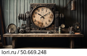 weathered wooden clock ai generated. Стоковое AI-изображение, AI-художник Vectorwin / Фотобанк Лори