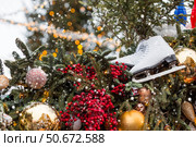 Magical Christmas background. Concept of preparation and decoration for the New Year. Holiday toys on the New Year's tree in Moscow. New Year's card 2026. Стоковое фото, фотограф Photojuli / Фотобанк Лори