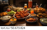 buffalo superbowl food table ai generated. Стоковое AI-изображение, AI-художник Vectorwin / Фотобанк Лори