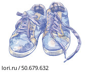 Watercolor drawing of sneakers. Realistic illustration of shoes with laces. Blue worn sneakers for travel and sports. For postcards, stickers, T-shirts, notebooks, shoppers. Artistic illustration. Стоковая иллюстрация, иллюстратор Larisa Hamukova / Фотобанк Лори