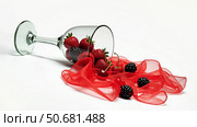 Overturned wine glass with red silk fabric imitating flowing wine on white background. Concept of silky red wine with strawberry, cherry or blackberry tone. AI generative. Стоковое AI-изображение, AI-художник Роман Дзюбало / Фотобанк Лори