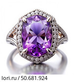 Large Purple Amethyst Gemstone Ring With Diamond Halo Setting. Generative AI. Стоковое AI-изображение, AI-художник Roman Zavorotny / Фотобанк Лори