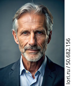 Confident Middle-Aged Man With Graying Hair and Beard in a Blue Suit. Generative AI. Стоковое AI-изображение, AI-художник Roman Zavorotny / Фотобанк Лори
