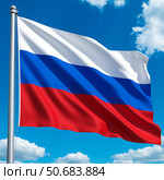 Флаг Российской Федерации на флагштоке, на фоне синего неба. Стоковое AI-изображение, AI-художник Ирина Гильмуллина / Фотобанк Лори