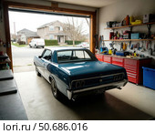 A blue car is parked in a garage. Стоковое AI-изображение, AI-художник Ярославский Максим / Фотобанк Лори