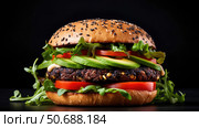 gourmet burger on white ai generated. Стоковое AI-изображение, AI-художник Vectorwin / Фотобанк Лори